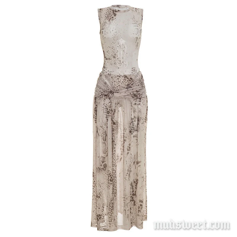 Maxi rok met ronde hals en plooien, gemaakt van mesh met slangenprint en ronde hals, set