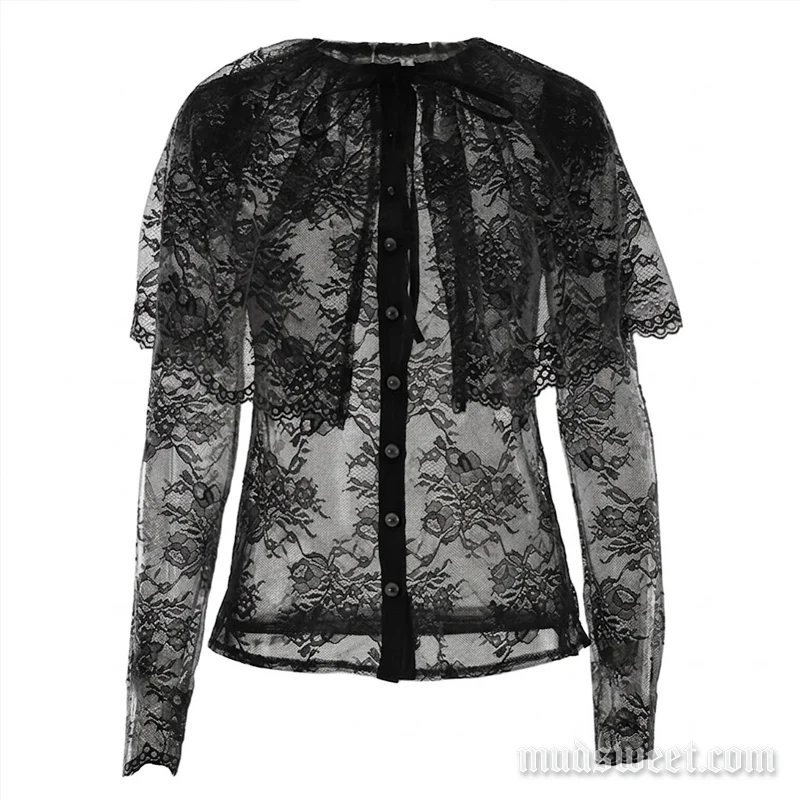 Fairycore crewneck self tie lace button top