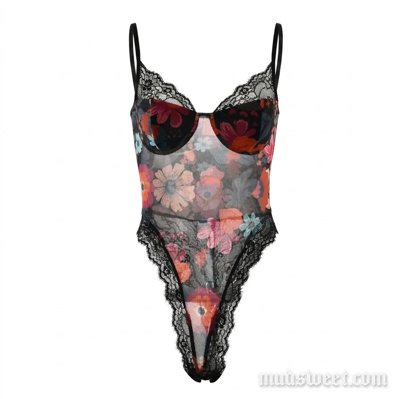 Fairycore kanten zoom, bloemenprint, mesh cami bodysuit