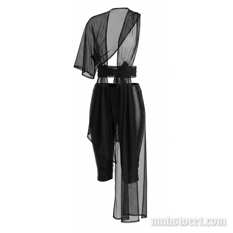 Goth irregular ruched mesh self tie pant set
