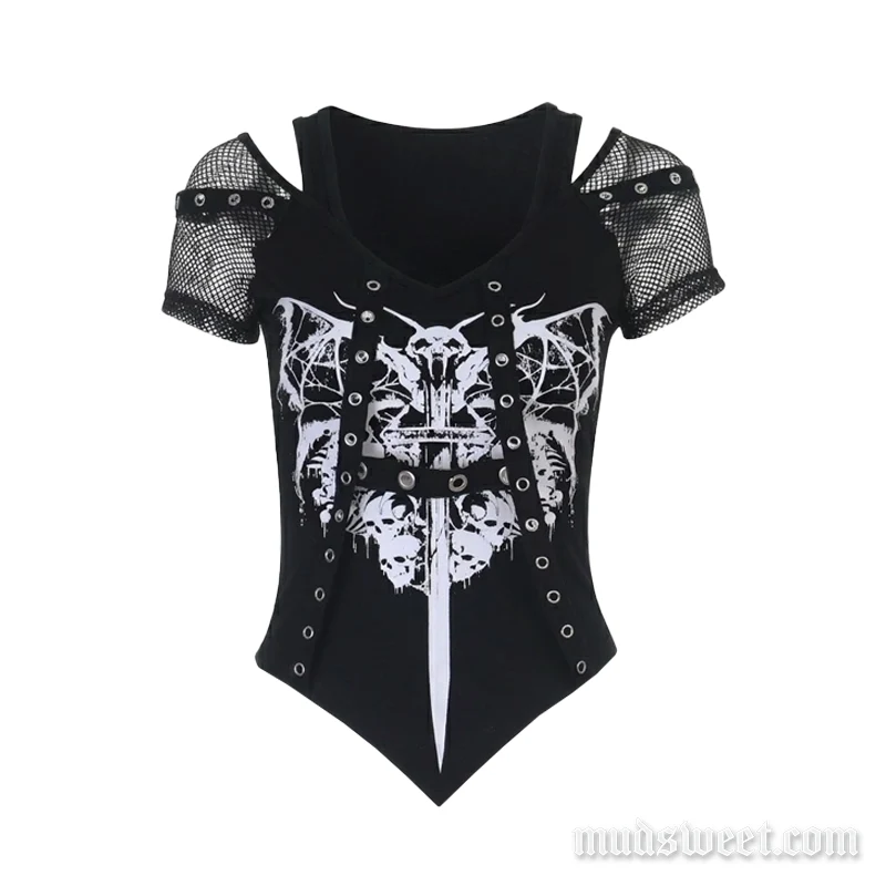 Goth hollow out bat pattern v neck top
