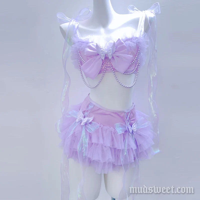 Fairycore beaded bowknot self tie cami set
