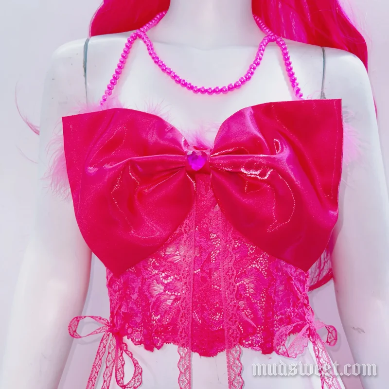Fairycore haltertop met strik, kant en veren