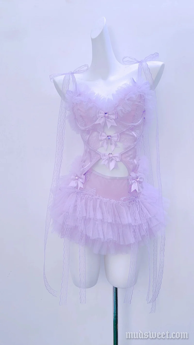 Fairycore opengewerkte camisole set met strik en ruches
