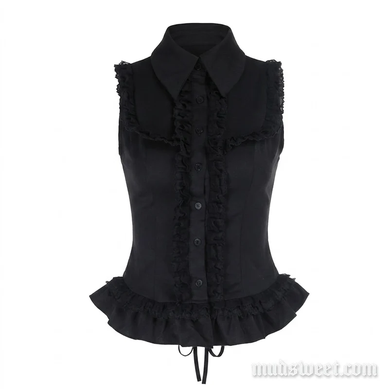 Top met omgeslagen kraag, ruches en knoopsluiting, effen kleur en strikceintuur.