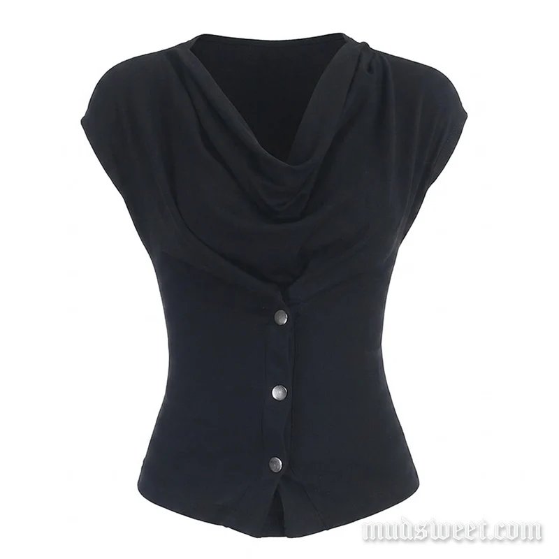 Grunge top met colkraag en knoopsluiting en korte mouwen