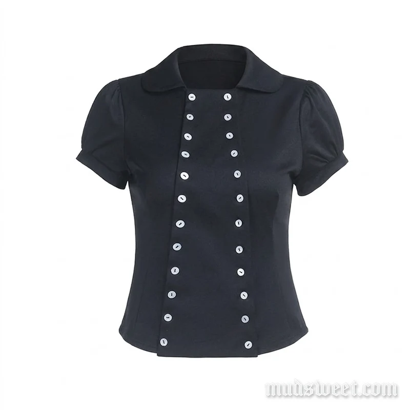 Grunge top met korte mouwen, omgeslagen kraag en plooien