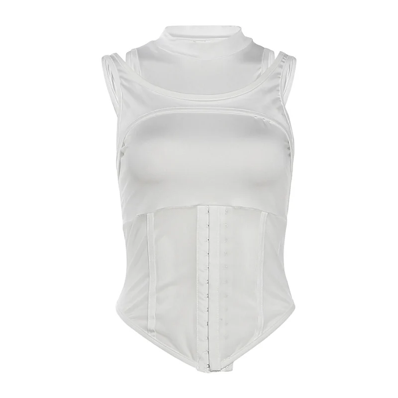 Gotische top met ronde hals en opengewerkt mesh patchwork