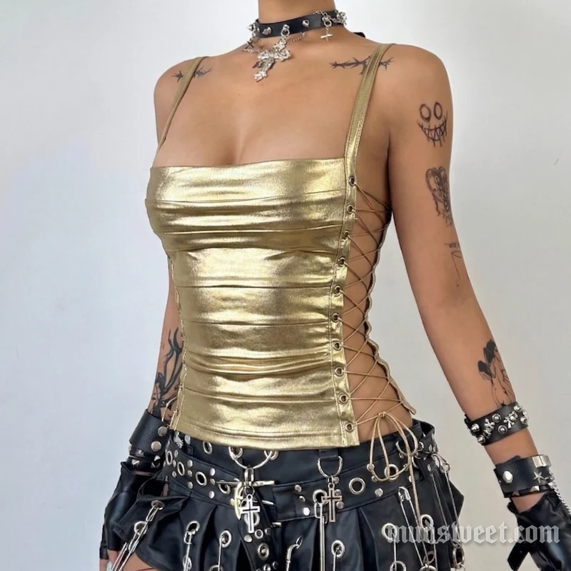 Fairycore metallic cami top met vierkante hals en vetersluiting