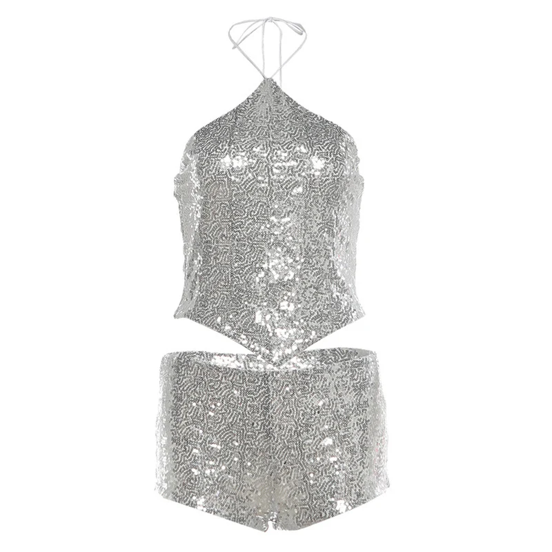Glitter haltertop met strikceintuur en open rug, gecombineerd met een bijpassende broekset.