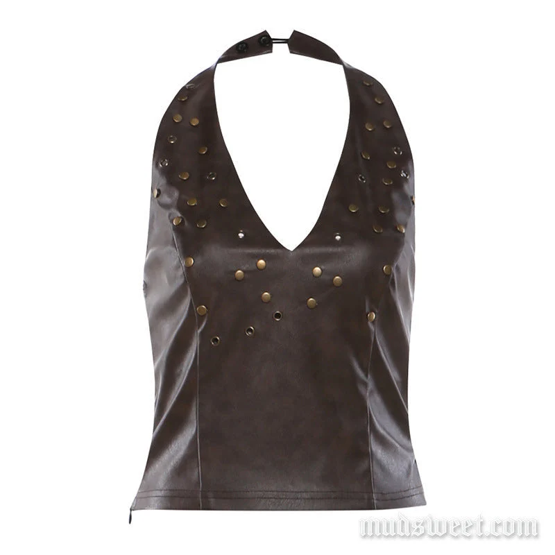 Goth halter PU leather zip-up top