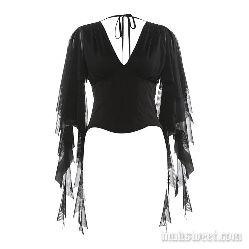 Goth v neck mesh self tie top