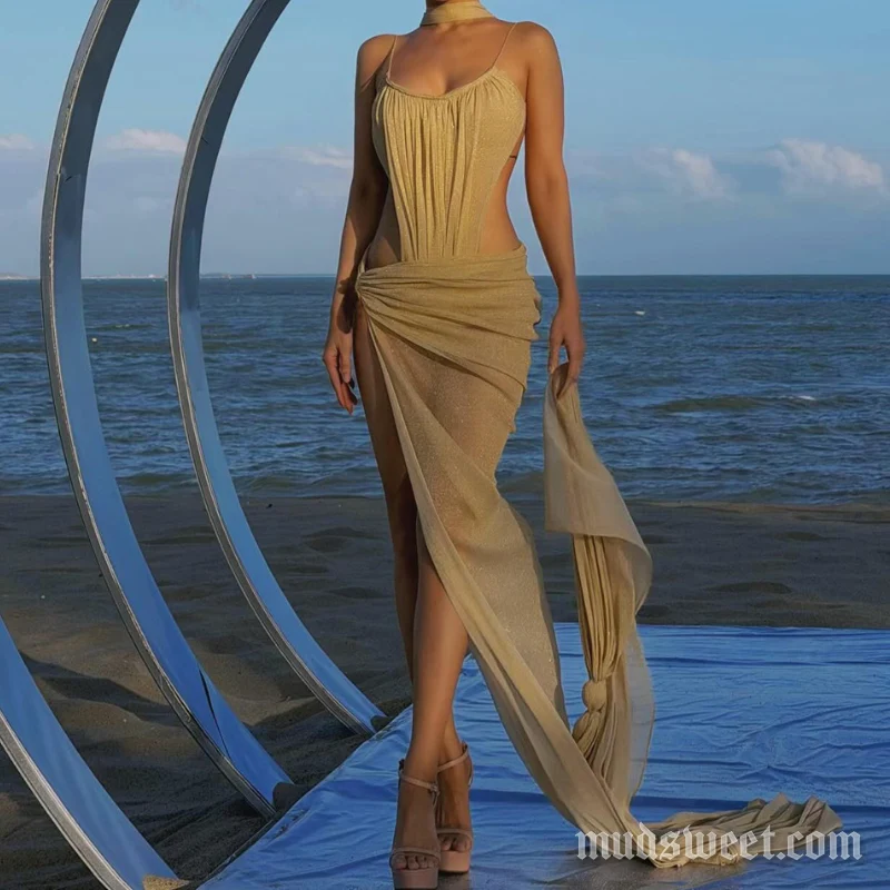 Grunge ruched u neck irregular slit cami maxi skirt set
