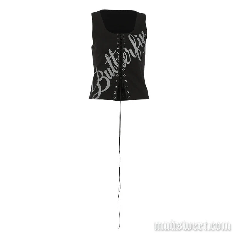 Fairycore tanktop met vetersluiting en ruitjesprint en lettermotief