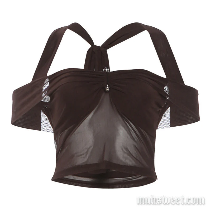 Goth off shoulder halter mesh top