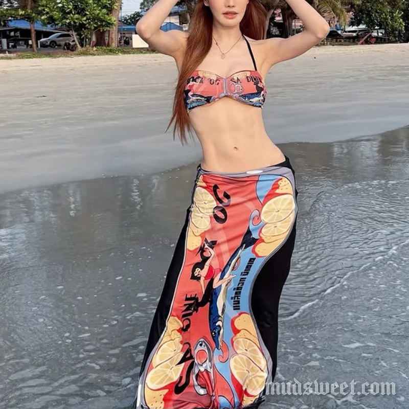 Grunge print halter backless maxi skirt set