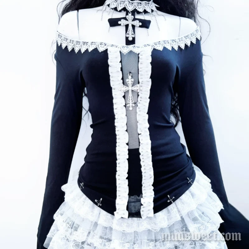 Fairycore off-shoulder top met kanten zoom