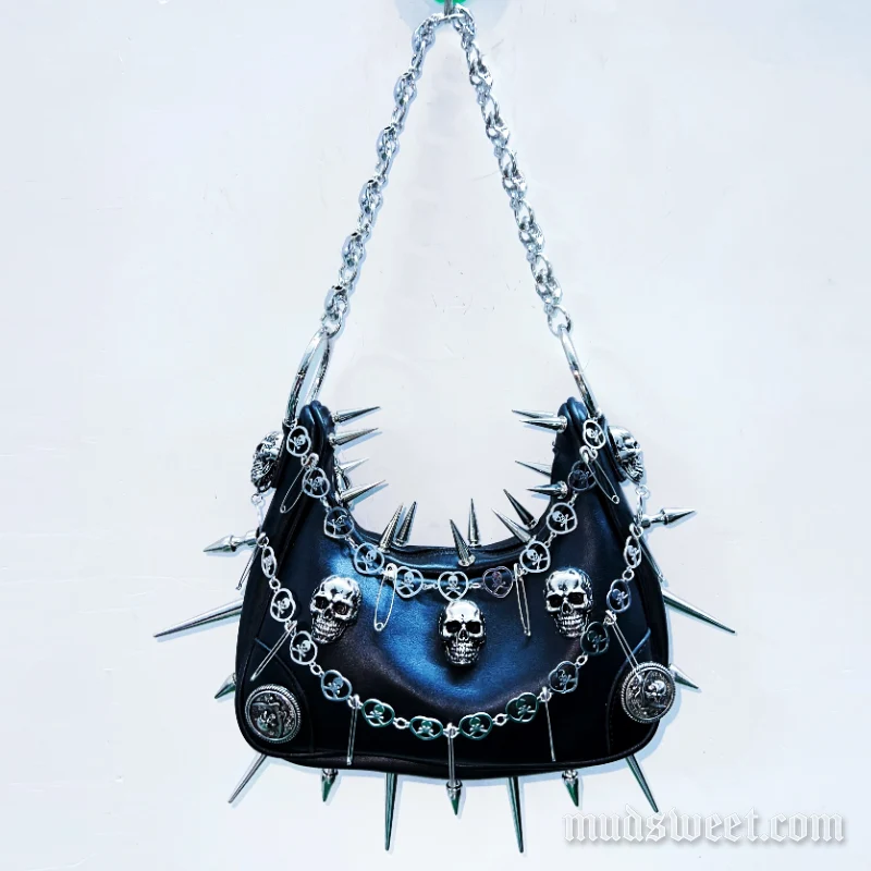 O-ring metalen ketting met doodskopapplicatie handtas van PU-leer