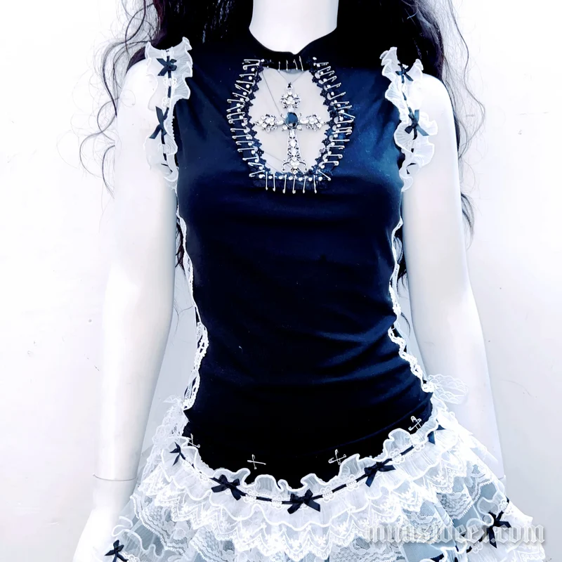 Fairycore bowknot ruffle crewneck top