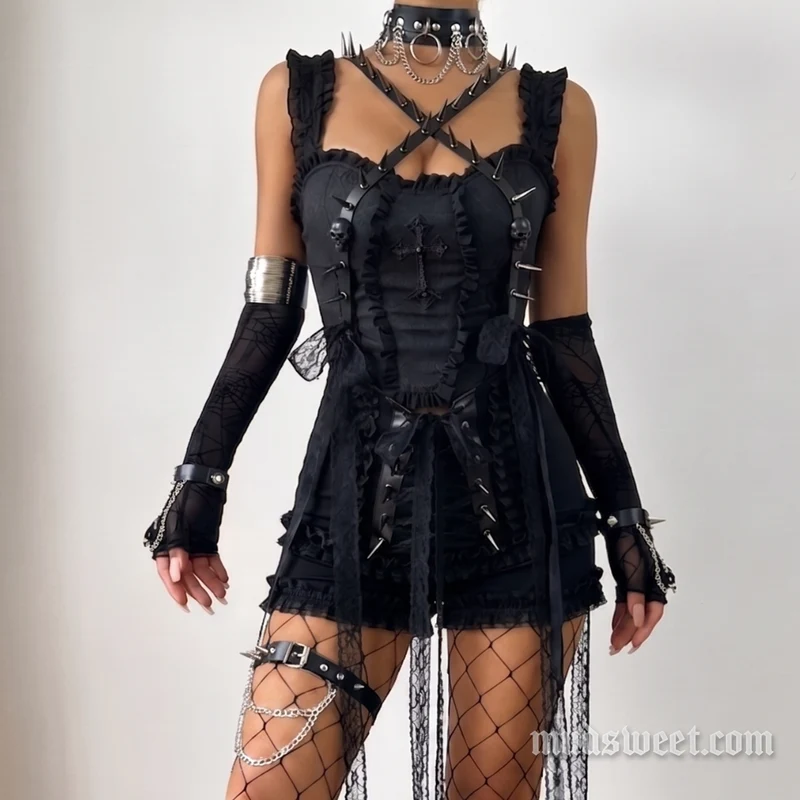 Fairycore cross front ruffle pant set