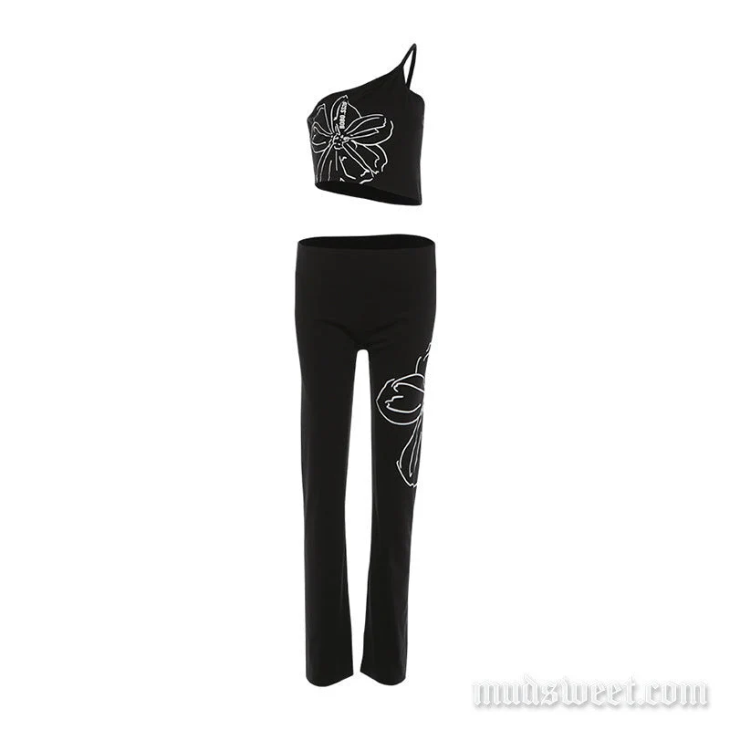 Fairycore irregular one shoulder flower pant set