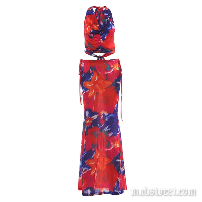 Goth cowl neck halter print maxi skirt set
