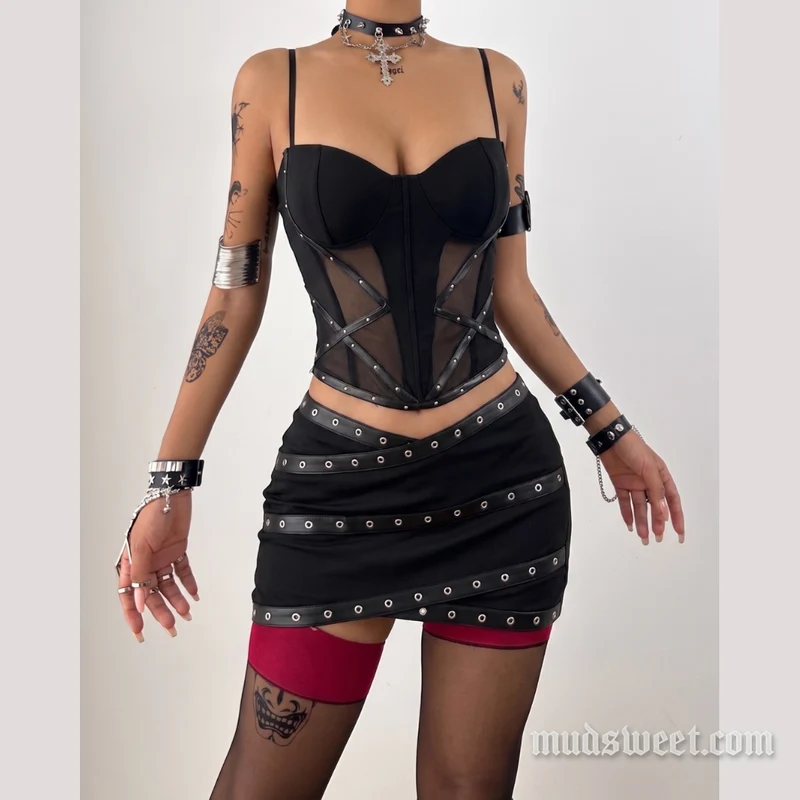 Mesh patchwork PU-leren cami minirok set