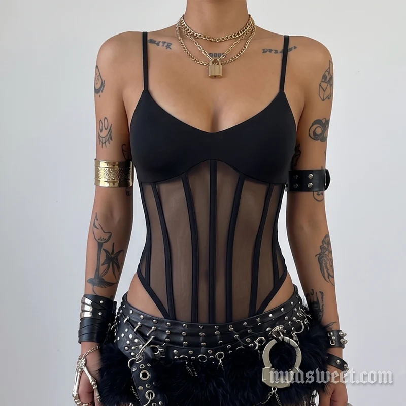 Goth v neck mesh button backless cami bodysuit