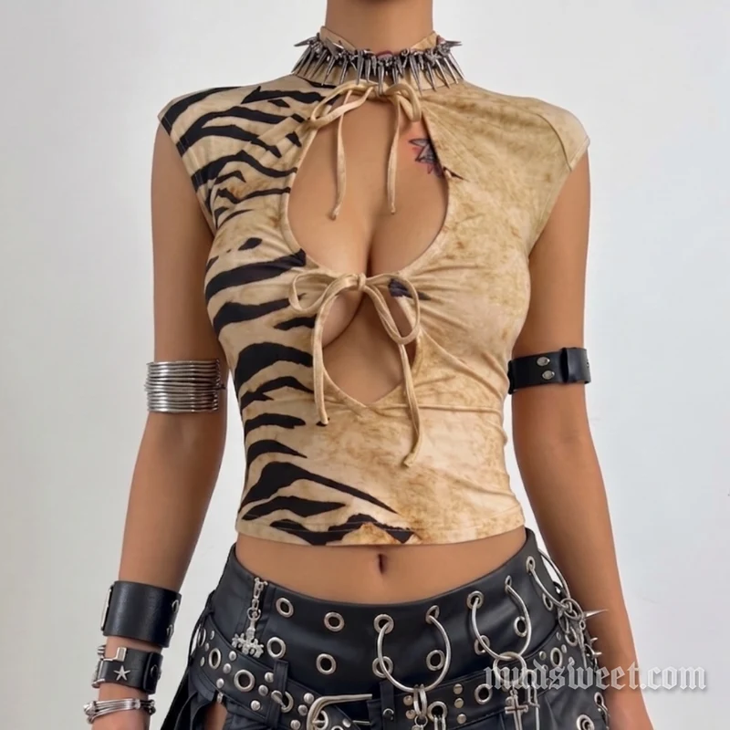 Uitgesneden mouwloze crop top met strikprint