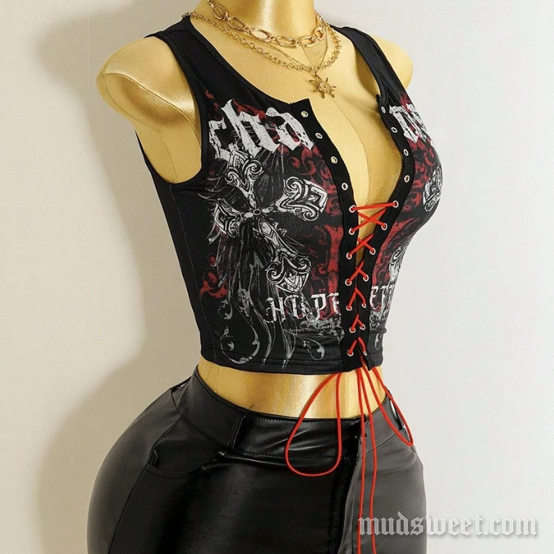Fairycore top met ronde hals en vetersluiting en print