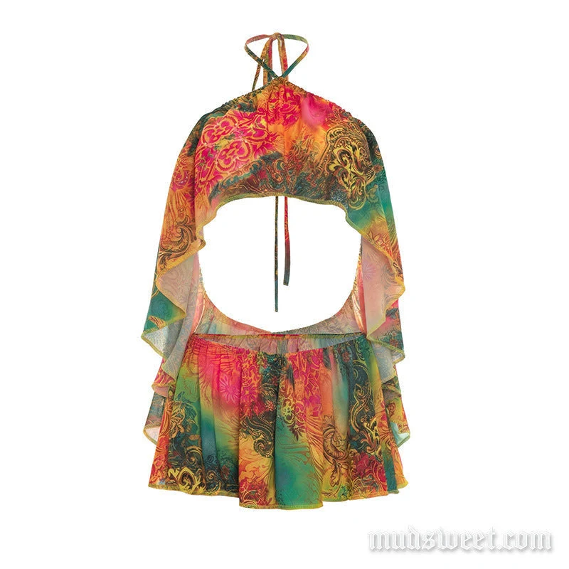 Fairycore haltertop met strikceintuur en ruches, gecombineerd met een bijpassende broek.