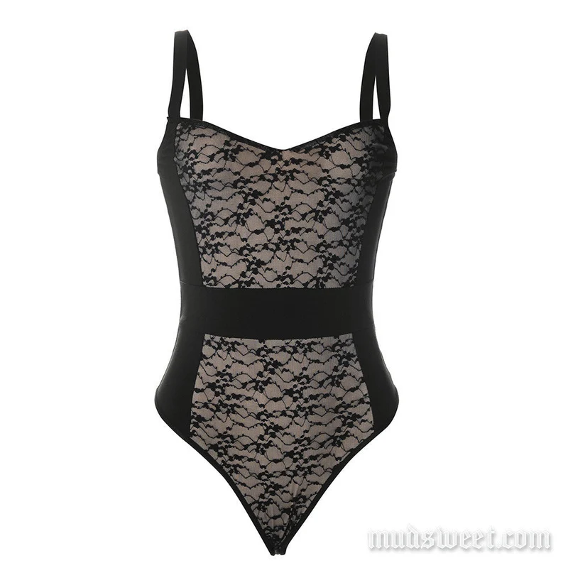 Fairycore kanten bodysuit met V-hals en open rug