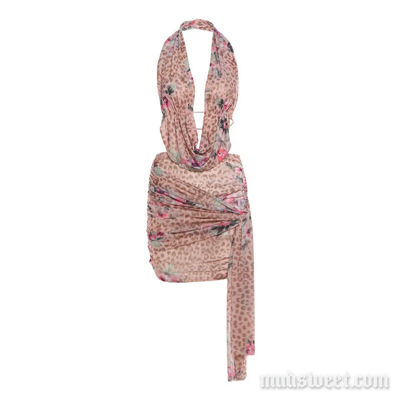 Luipaardprint geplooide halter minirok set met onregelmatige vorm