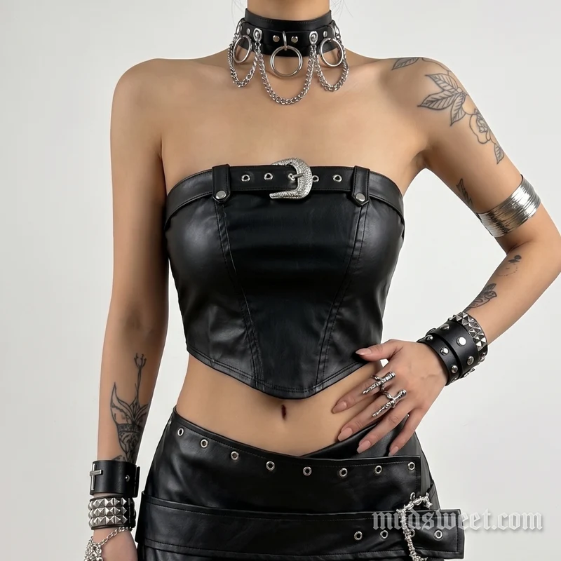 Tube crop top van PU-leer met gesp en ritssluiting