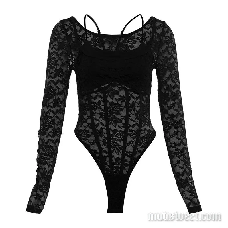 Bodysuit met lange mouwen, kanten U-hals en open details