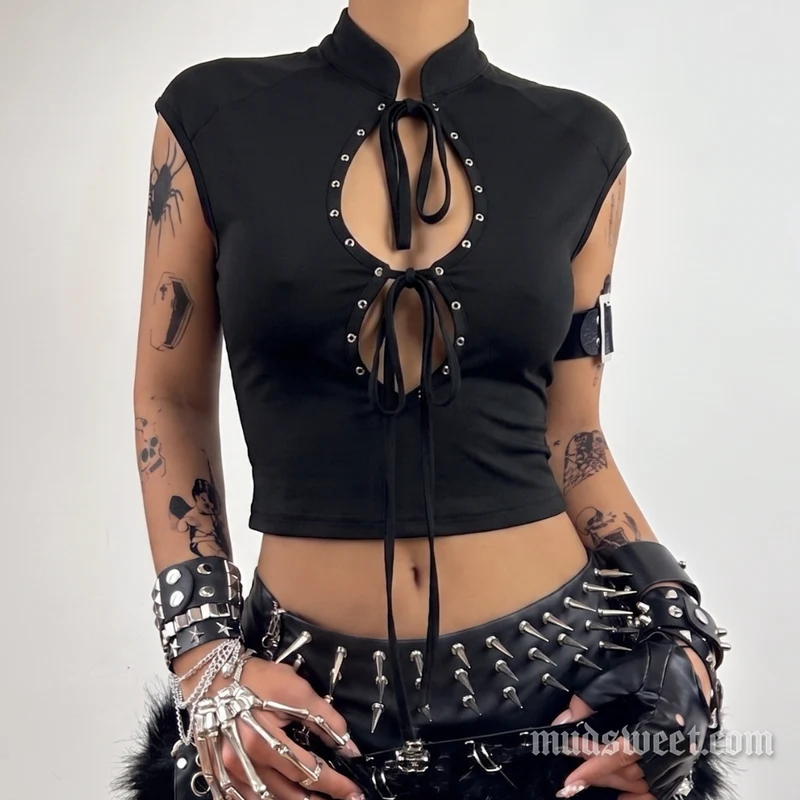 Grunge self tie hollow out sleeveless top