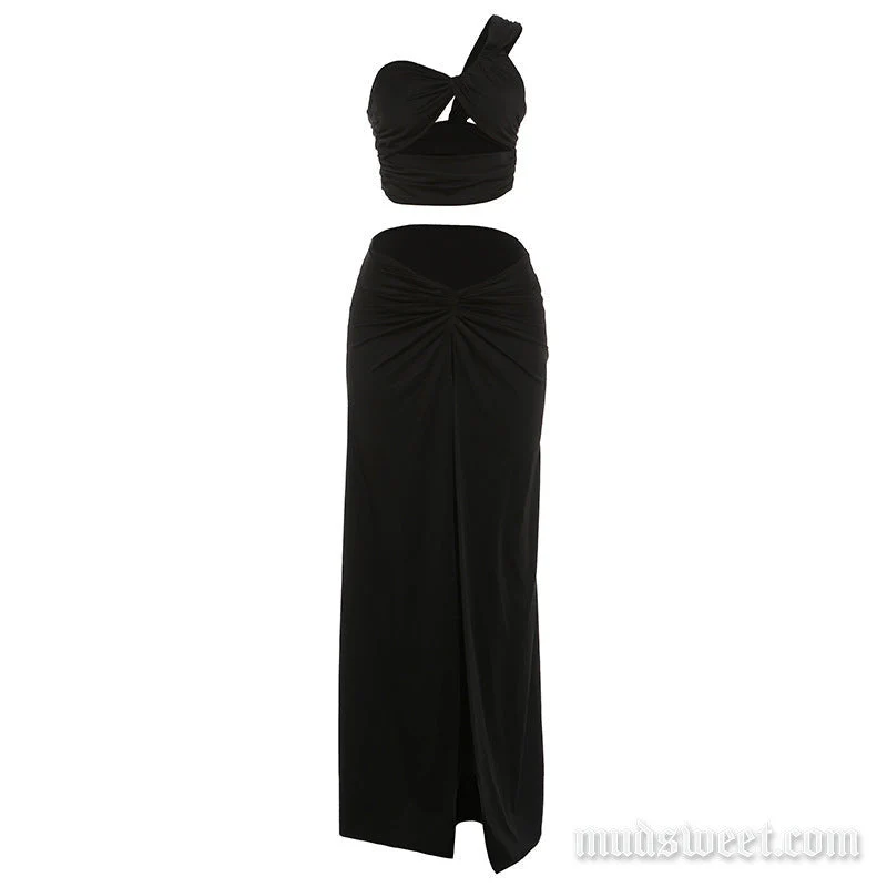 Gotische maxi-rok met open details en één schouder