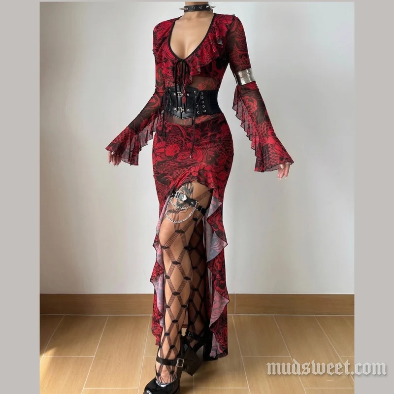 Lange maxi-rok met uitlopende mouwen, V-hals en strikdetail, print en split.