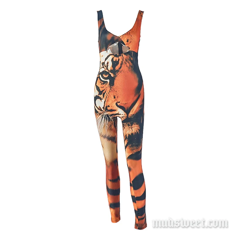 Jumpsuit met tijgerprint, open V-hals en ritssluiting