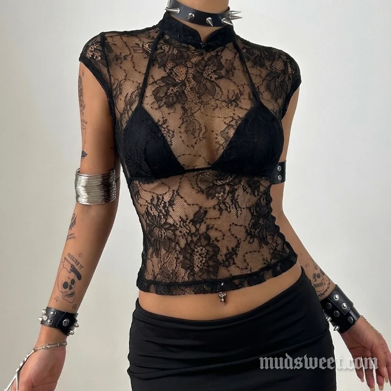Doorzichtige, effen crop top met kanten mouwen