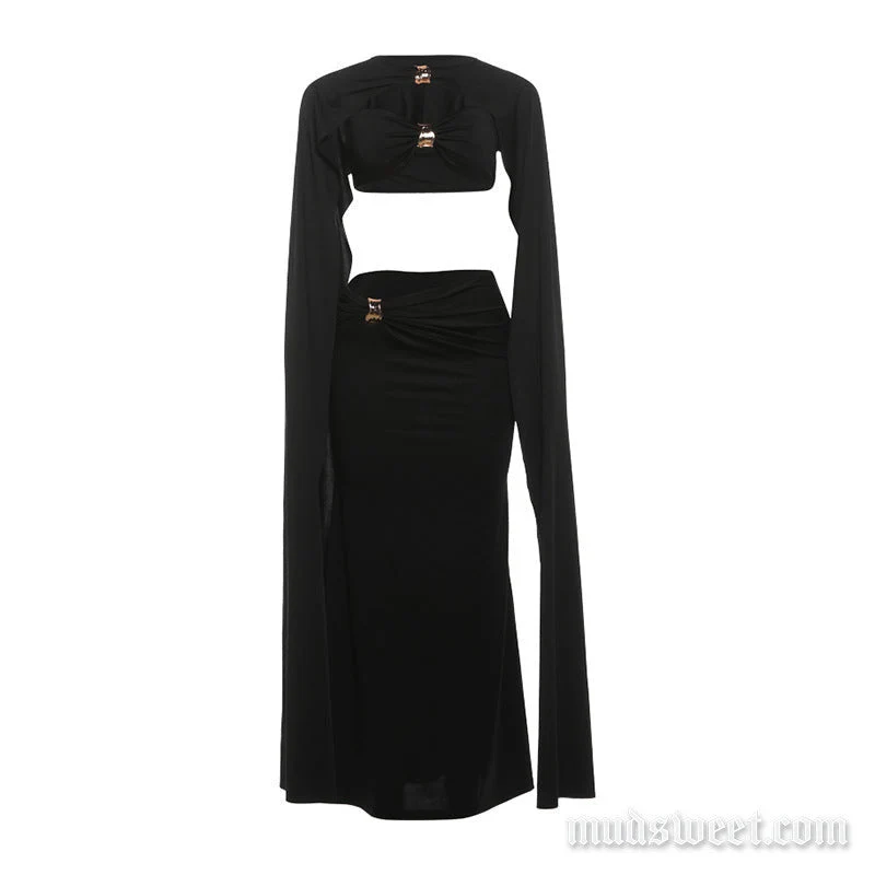 Grunge geplooide, onregelmatige shrug, 3-delige maxi rok set