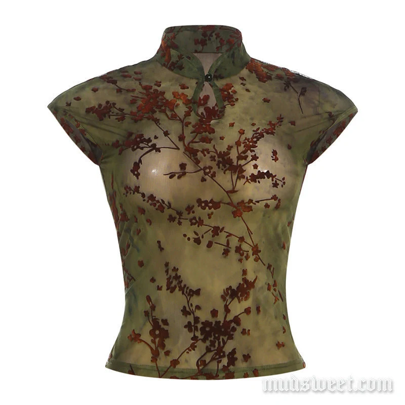 Top met hoge hals, open mesh-details en doorschijnend bovenwerk