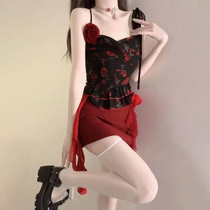 Fairycore flower applique ruched cami mini skirt set