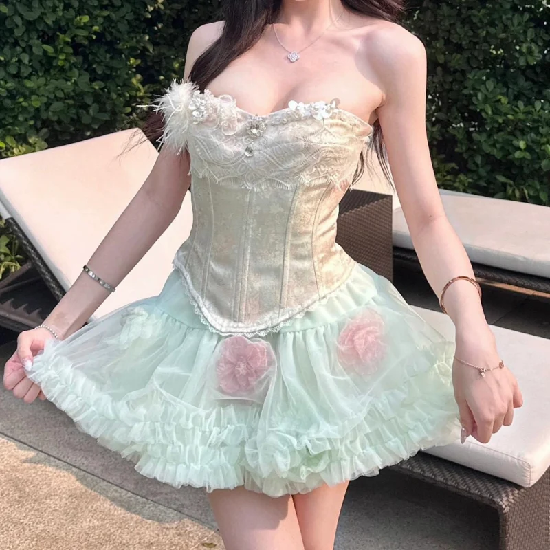 Fairycore minirok met kanten zoom en ruches van mesh, kokerrokje
