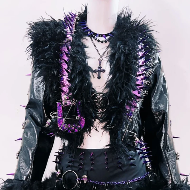 Goth fluffy rivet applique o ring top