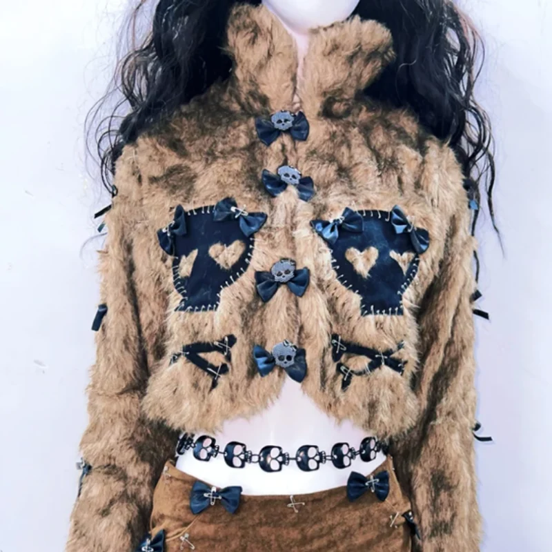Fairycore fluffy bowknot skull applique top