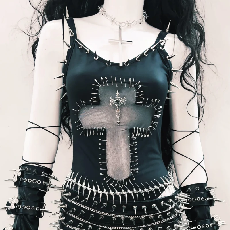 Goth mesh u neck rivet applique cami bodysuit