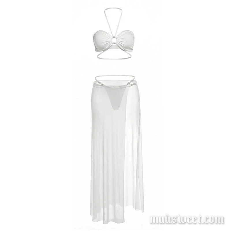 Halter maxi rok set met strikceintuur, plooien en kralenversiering van mesh