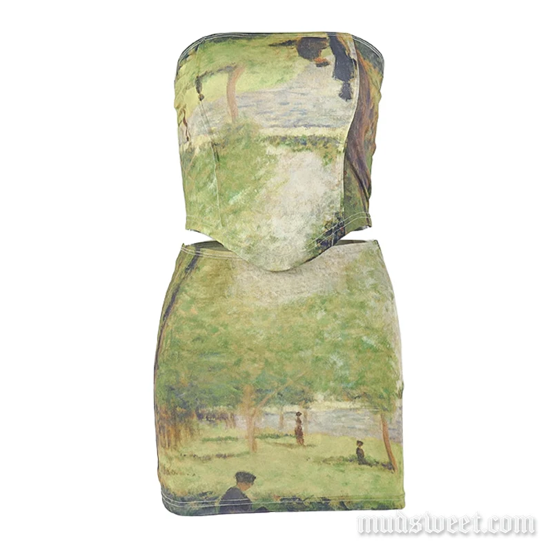 Y2K-print contrast rugloze tube minirok set