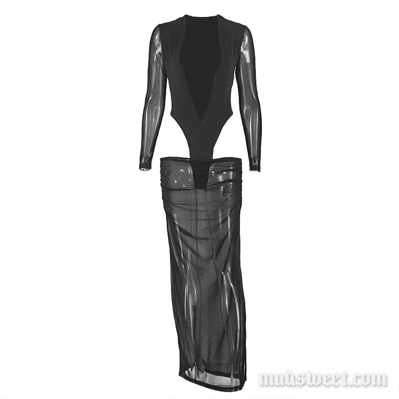 Maxi rok met lange mouwen, diepe V-hals en plooien van mesh